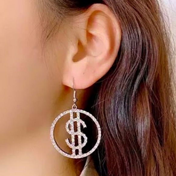 SILVER Dollar Sign Earrings with Crystal Rhinestones NEW - Picture 2 of 8